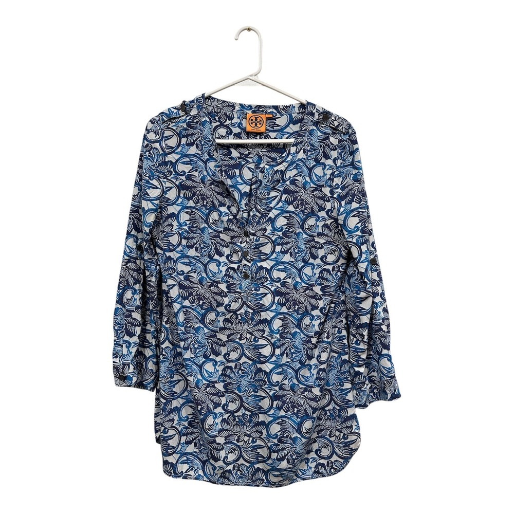 Tory Burch Blue Floral Silk Blend Roll Tab Sleeve Tunic Top Blouse Size 8